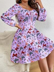 Flirla Plus Butterfly Print Knot Front Lantern Sleeve Dress - Multicolor - View 1
