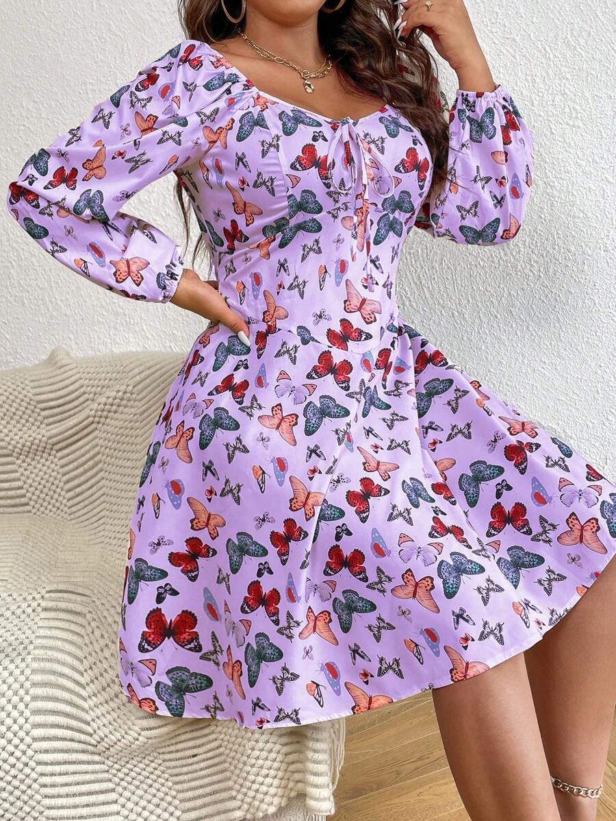 Flirla Plus Butterfly Print Knot Front Lantern Sleeve Dress - Multicolor - View 1