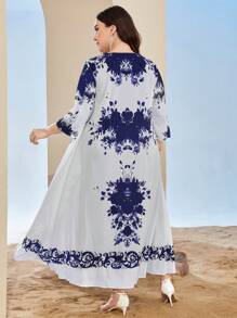 Mulvari Plus Floral Print Open Front Dress Maxi Women Outfit - Navy Blue - View 2