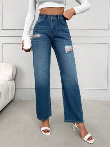 High Waist Ripped Straight Leg Jeans