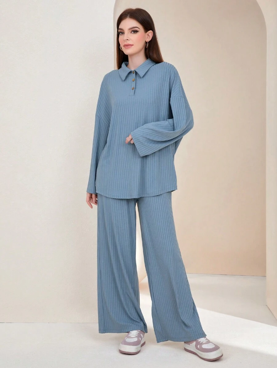 Mulvari Pantalones con top de cuello polo de hombros caídos - Azul - Ver 1