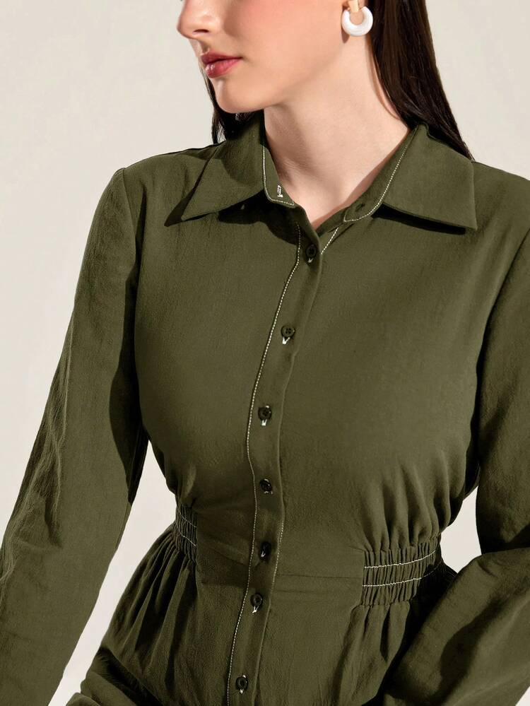 Solid Button Front Shirt Jumpsuit