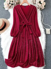 SHEIN Clasi Plus Surplice Neck Lantern Sleeve Belted Glitter Dress