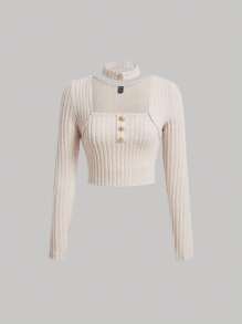 SHEIN MOD 鎖脖領口紐扣細節條紋針織短款T恤 - 卡其色 - 查看 1