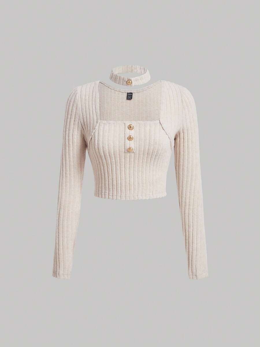 SHEIN MOD 鎖脖領口紐扣細節條紋針織短款T恤 - 卡其色 - 查看 1