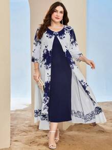 Mulvari Plus Floral Print Open Front Dress Maxi Women Outfit - Navy Blue - View 5
