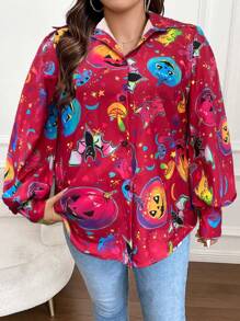 Flirla Plus Halloween Print Lantern Sleeve Shirt - Hot Pink - View 5