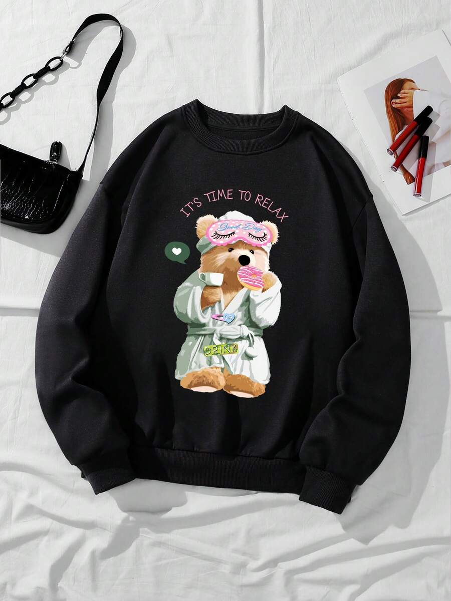 SHEIN EZwear 熊和標語圖案加絨內裏運動衫 - 黑色 - 查看 1