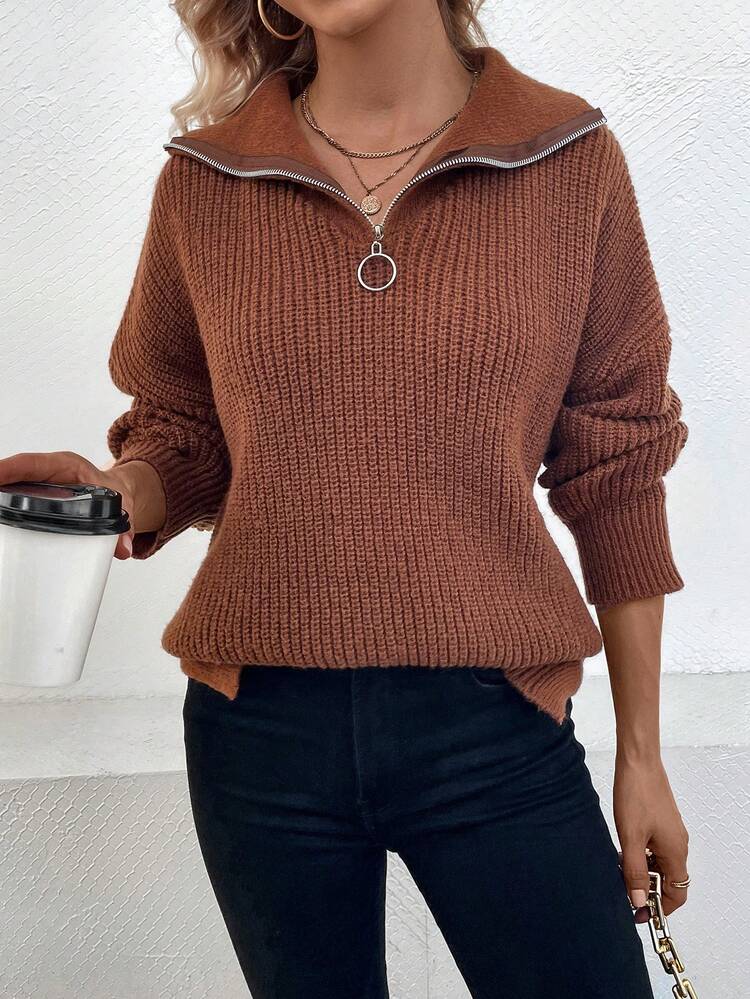 Half Zip Drop Shoulder Knit Pullover Fall Winter Sweater