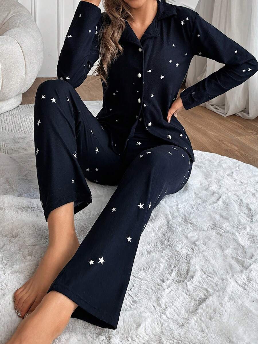 RueChic Star Print Button Front PJ Set - Navy Blue - View 1