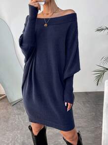 SHEIN LUNE Off Shoulder Batwing Sleeve Sweater Dress - Royal Blue - View 6