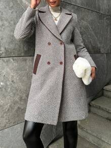 EURMUSE Herringbone Pattern Double Breasted Overcoat - Coffee Brown - View 2