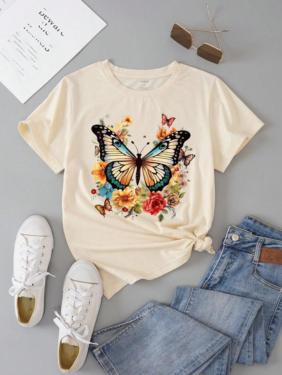 INAWLY 蝴蝶和花卉印花T恤 图案T恤 女式上衣 - 杏色 - 查看 1