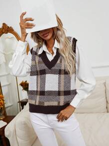 SHEIN Frenchy 格紋圖案毛衣背心不帶襯衫 - 咖啡棕 - 查看 5