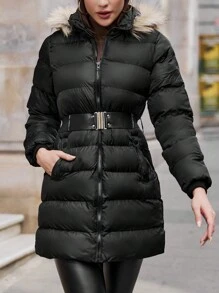 SHEIN Cottnline Fuzzy Trim Hooded Puffer Coat - Black - View 4
