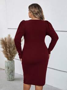SHEIN Clasi Plus Surplice Neck Knot Front Bodycon Dress - Burgundy - View 2