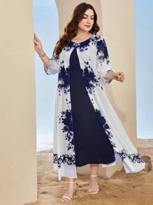 Mulvari Plus Floral Print Open Front Dress Maxi Women Outfit - Navy Blue - View 4