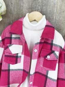 SHEIN 女大童格紋印花落肩袖翻蓋口袋襯衫無毛衣 - 玫紅色 - 查看 4