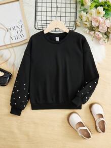 Cô gái Tween Ngọc trai đính cườm Thả vai Áo chui đầu - màu đen - Xem 2