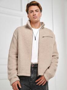 SHEIN Cottnline Men Zip Up Teddy Jacket - Apricot - View 4