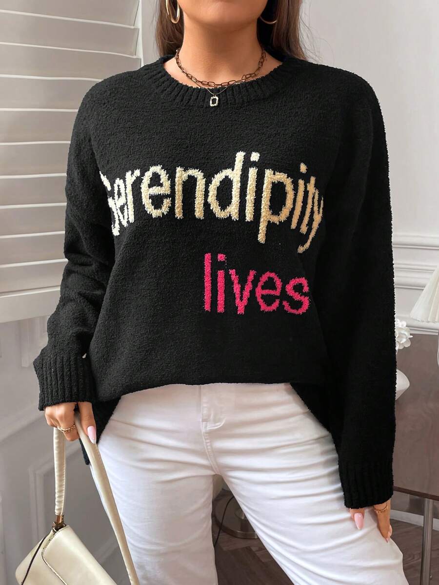 Flirla Plus Letter Pattern Drop Shoulder Sweater Knit Pullover Fall Winter Sweater - Black - View 1