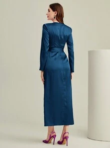 Modelyn Solid Belted Satin Dress Long Evening Dresses - Navy Blue - View 2