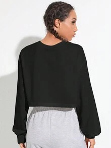 SHEIN Sports 字母圖案落肩袖短款運動衛衣 - 黑色 - 查看 2