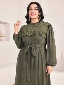 Al Najma Plus Ruffle Trim Belted Dress - Army Green - View 3