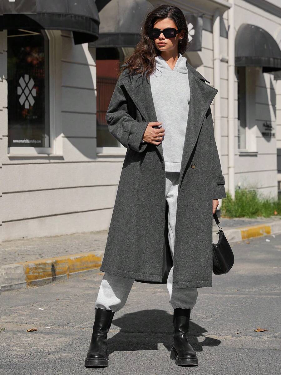 EURMUSE 落肩袖連帽腰帶長款花呢外套 - 深灰色 - 查看 1