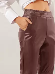 EURMUSE Solid Elastic Waist PU Leather Pants - Rust Brown - View 3