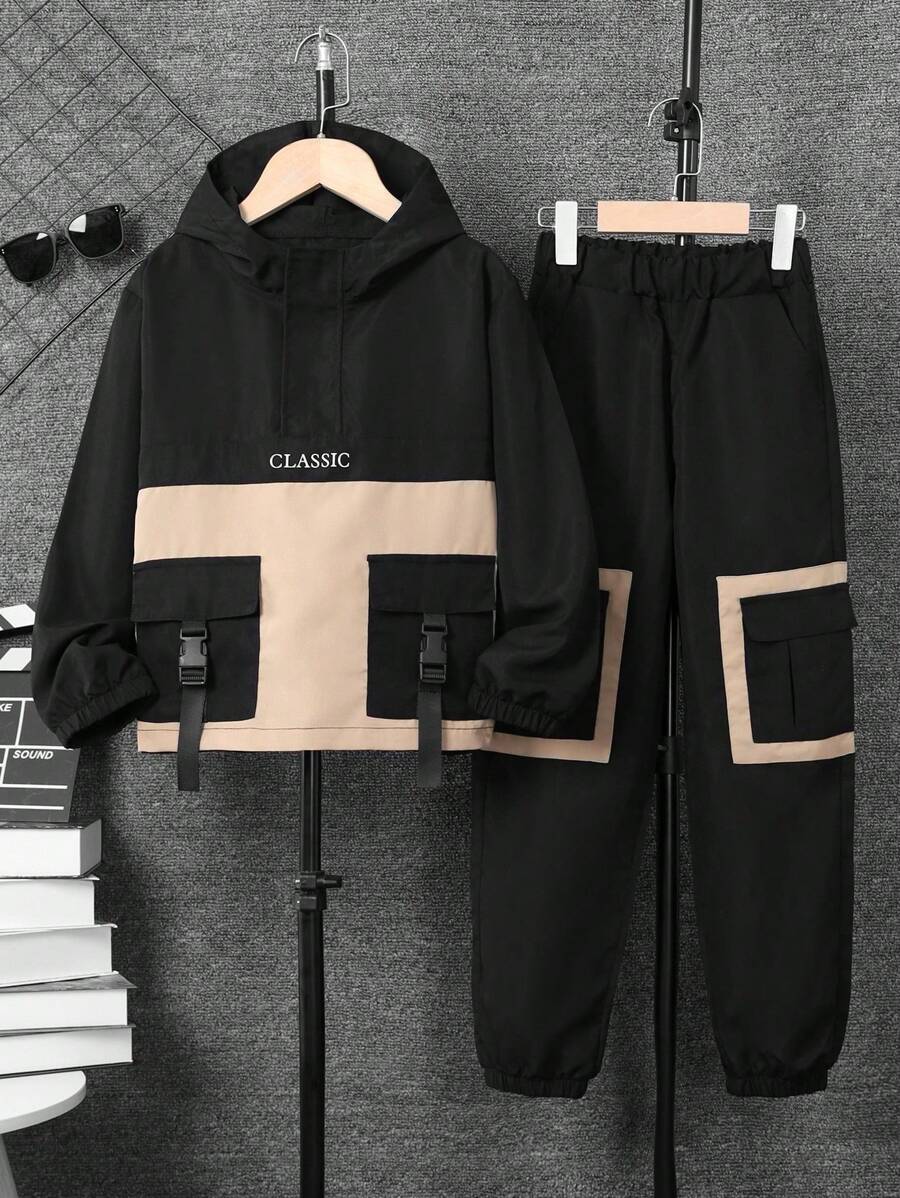 Teen Boy Letter Graphic Two Tone Hooded Jacket & Pants Chic Outfits For Autumn/Winter