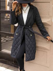 SHEIN LUNE 翻领领带绗缝加厚外套衣服冬季 - 黑色 - 查看 1