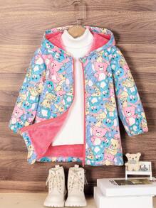 SHEIN 女小童1入組小熊印花毛絨內襯連帽外套