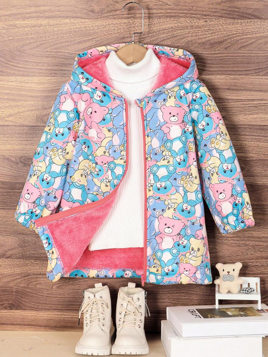 SHEIN 女小童1入組小熊印花毛絨內襯連帽外套