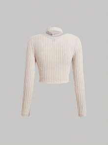 SHEIN MOD 鎖脖領口紐扣細節條紋針織短款T恤 - 卡其色 - 查看 2