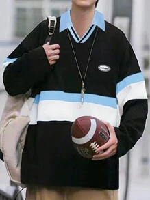 Manfinity Men Letter Patched Colorblock Drop Shoulder Oversize Polo Shirt - Black - View 1