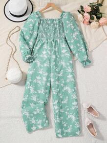 SHEIN Tween Girl Ditsy Floral Print Flounce Sleeve Wide Leg Jumpsuit - Multicolor - View 1