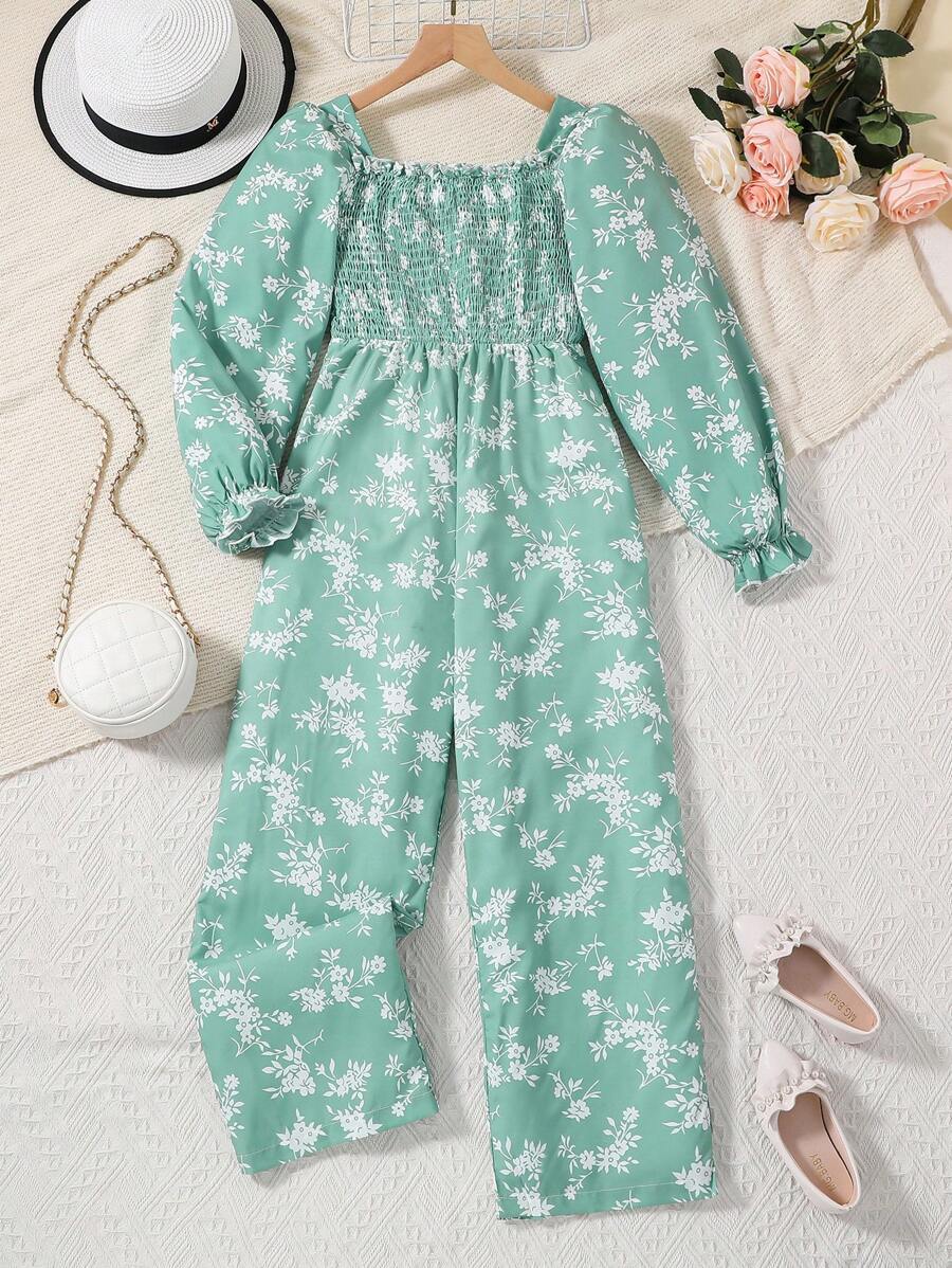 SHEIN Tween Girl Ditsy Floral Print Flounce Sleeve Wide Leg Jumpsuit - Multicolor - View 1