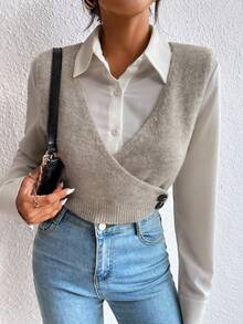 SHEIN LUNE 1pc Button Detail Wrap Sweater Vest - Khaki - View 4