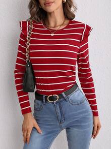 SHEIN LUNE In sọc Viền Ruffle Nút Quay lại Áo thun - Đỏ - Xem 4