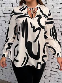 SHEIN Franclia Plus Graphic Print Tie Neck Blouse