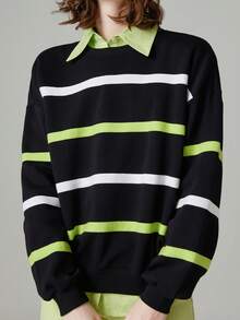 新到貨女款圓領條紋長袖套頭衫,秋季 - 黑色 - 查看 1