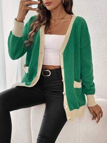 SHEIN Frenchy 拼接邊落肩袖口袋貼布開襟衫 - 綠色 - 查看 1