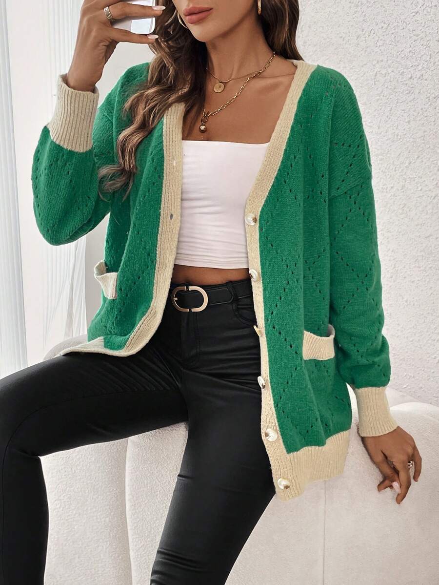 SHEIN Frenchy 拼接邊落肩袖口袋貼布開襟衫 - 綠色 - 查看 1