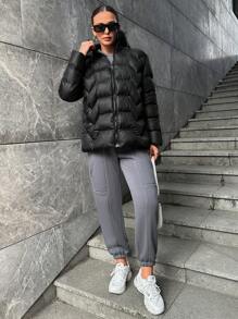 SHEIN Cottnline Fuzzy Trim Hooded Puffer Coat - Black - View 5