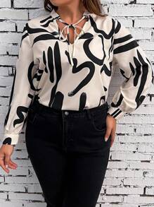 SHEIN Franclia Plus Graphic Print Tie Neck Blouse