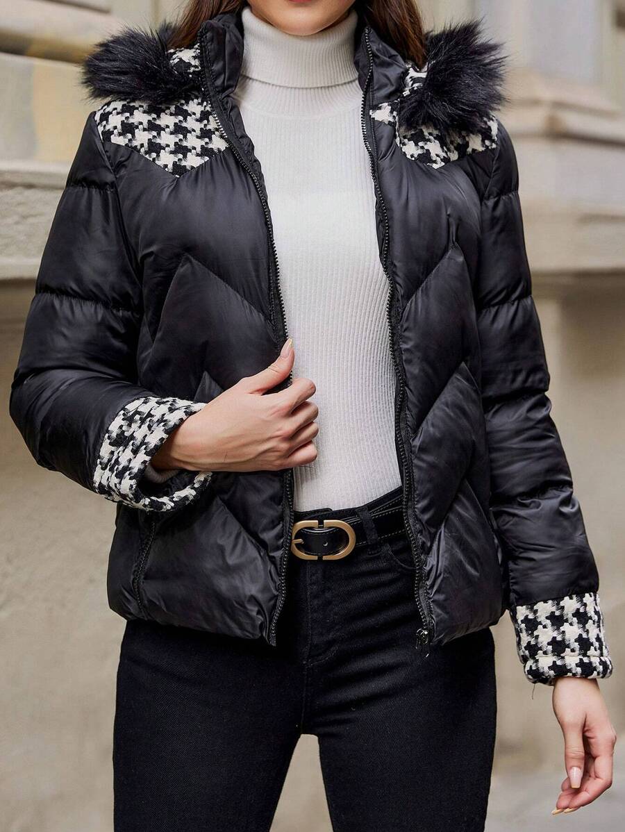 SHEIN Cottnline Contrast Houndstooth Print Fuzzy Trim Hooded Puffer Coat - Black - View 1