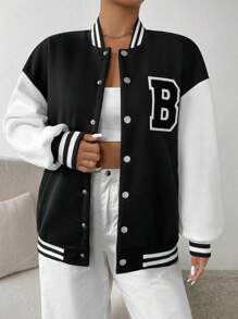 SHEIN Unity 字母貼布條紋飾邊落肩袖學院風夾克 - 黑色 - 查看 5