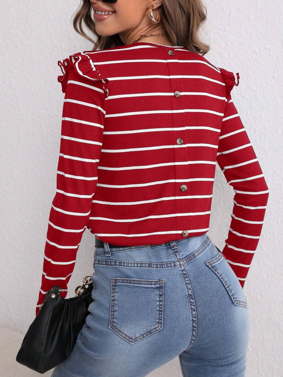 SHEIN LUNE In sọc Viền Ruffle Nút Quay lại Áo thun - Đỏ - Xem 1
