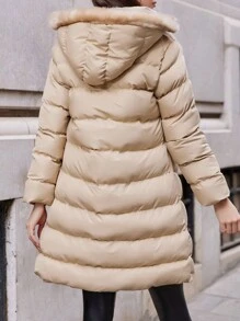 EURMUSE Zip Up Fuzzy Trim Hooded Puffer Coat - Beige - View 2